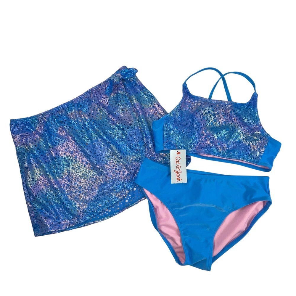NWT Cat & Jack Girls 3pc Bikini Swim Skirt Set Blue Metallic Foil Iridescent XL